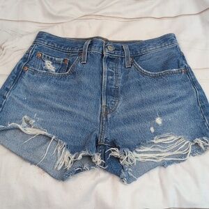 Levis High Rise Button Fly 501 Jean Shorts Lightly Distressed Size 27 Raw Hem